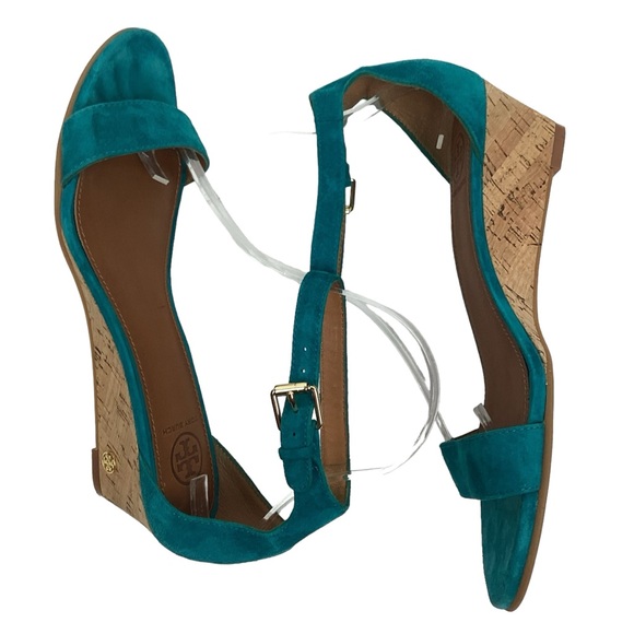 Tory Burch Savannah Suede Wedge Ankle Strap Sandal Turquoise - Picture 3 of 13